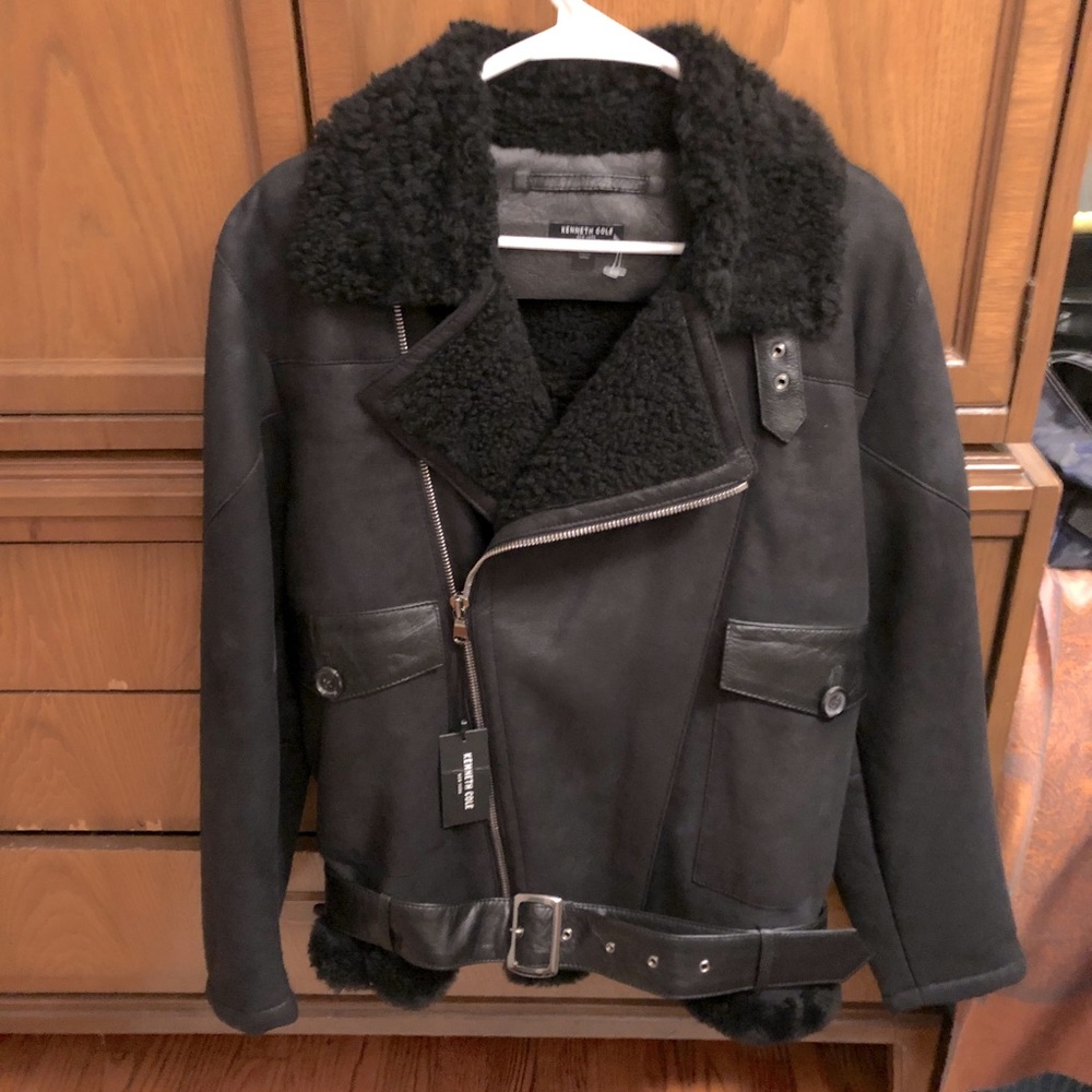 Real Shearling Kenneth Cole real genuine leather Moto biker jacket black S - Picture 1 of 6